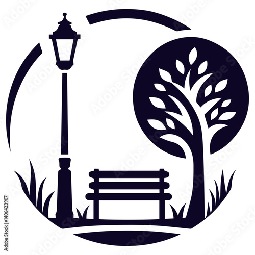 Enigmatic streetlight design showcasing abstract illustration, bench, and tree art