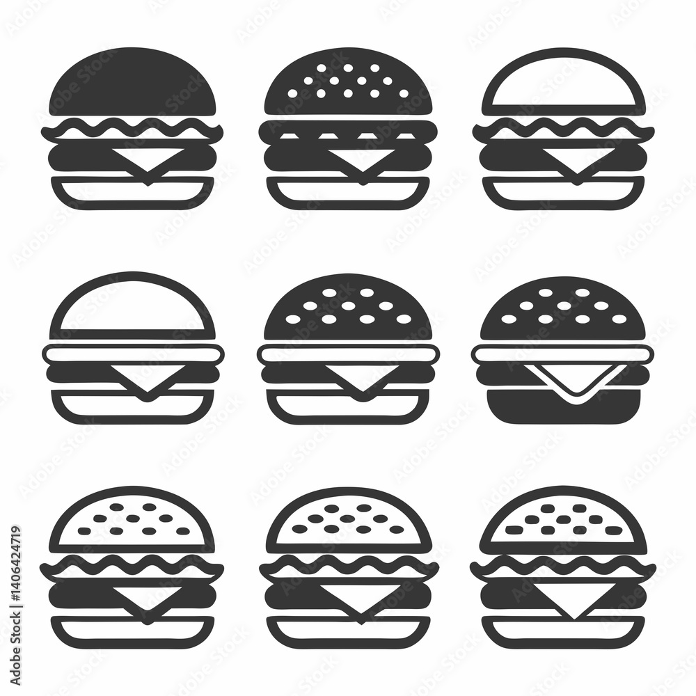 Mixed Style Burger Icon Set in Vector Format. Mixed Style Burger Icon Set in Vector Format.