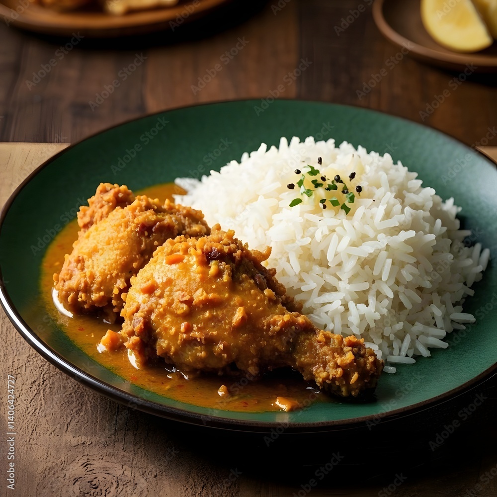 4k high quality Ai generative HD high definition artwork photo white rice with chicken curry sauce 4k high quality Ai generative HD high definition artwork photo white rice with chicken curry sauce