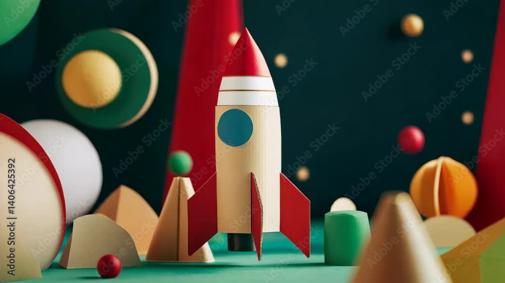 A vibrant rocket in a whimsical setting with geometric shapes, creating an imaginative scene. Perfect for designs related to space exploration, creativity, and childhood adventures.