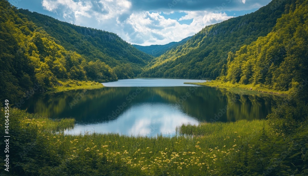 Fototapeta premium Serene mountain lake reflecting cloudy skies and lush green forest landscape