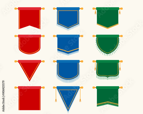Collection of decorative hanging banners pennants in various shapes and colors.