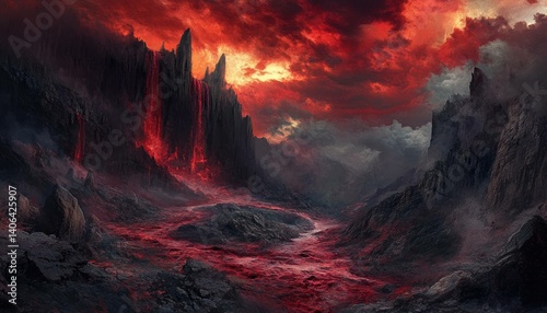 Dramatic inferno landscape, a perilous journey into a fiery underworld realm