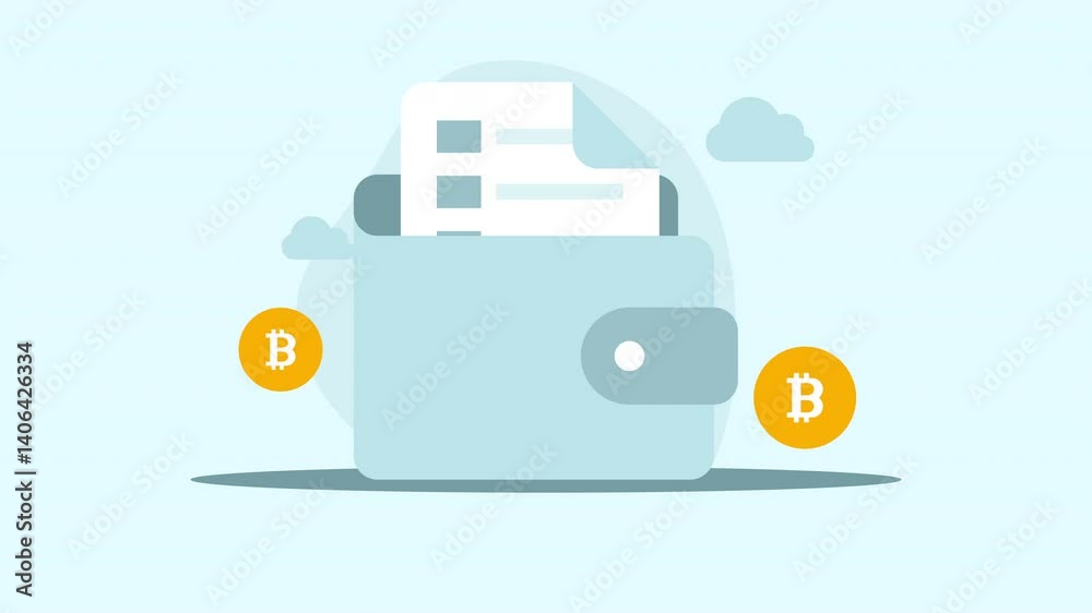 Crypto wallet animation with blue document bitcoin symbols for security. Suitable for cryptocurrency blogs, articles, financial websites, and blockchain technology designs.