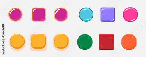 Colorful button geometric shapes in various hues.