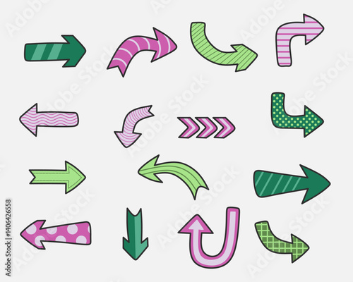Assorted colorful directional arrows with patterns.