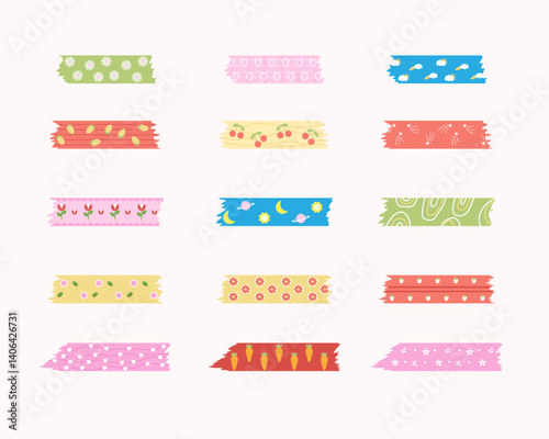 Assorted colorful patterned washi tape strips.