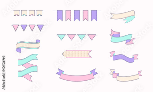 Pastel-colored decorative ribbons and banners collection.