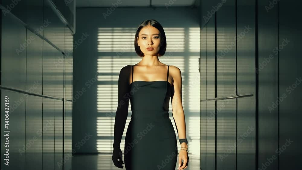 Elegant woman in a black dress stands in a modern corridor bathed in sunlight through venetian blinds looking at the camera Elegant woman in a black dress stands in a modern corridor bathed in sunlight through venetian blinds looking at the camera