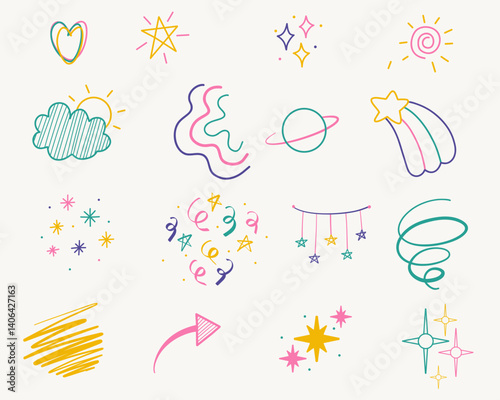 Collection of colorful doodle design elements.