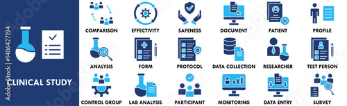 Clinical Study icon collection set. Containing design medical, clinic, medicine, research, hospital
