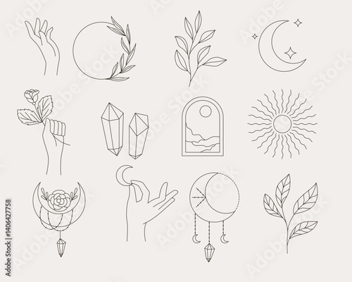 Minimalist line art collection of celestial and botanical elements.