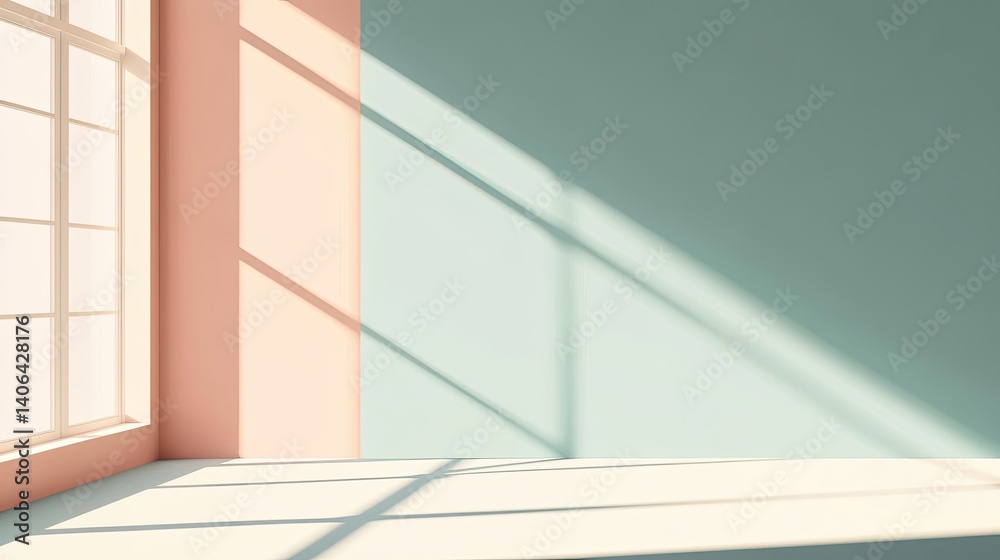 Fototapeta premium Bright Sunlight in Minimalist Room with Pastel Pink and Green Walls