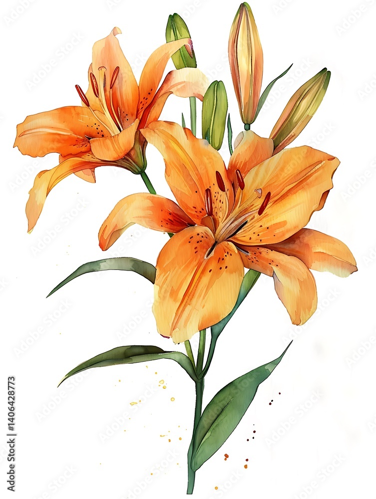 Obraz premium Watercolor Lily Isolated on White Background. Beautiful Lily Flower