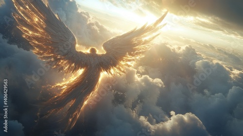 A majestic angel with enormous glowing wings soaring above the clouds, divine light radiating --ar 16:9 --v 6.1 Job ID: 1853f57b-077d-46d3-a828-dc463013d8f8