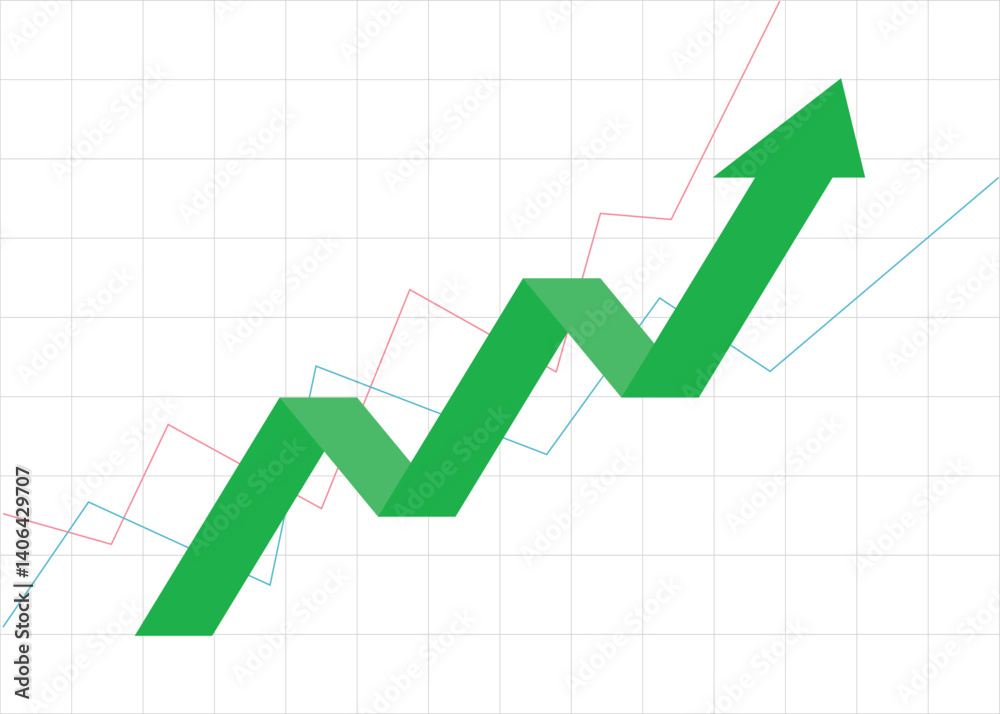 3D Green Arrow Pointing Up with Grid and Line Graph represents Consistent Business Growth, Economic Boom, Profit Trend 3D Green Arrow Pointing Up with Grid and Line Graph represents Consistent Business Growth, Economic Boom, Profit Trend