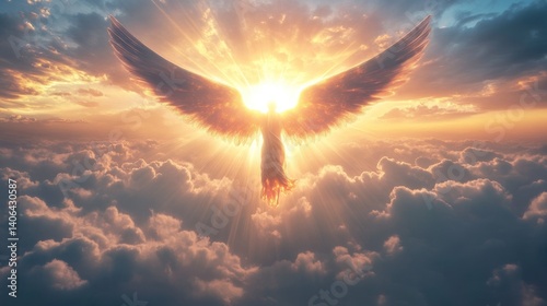 A majestic angel with enormous glowing wings soaring above the clouds, divine light radiating --ar 16:9 --v 6.1 Job ID: 1853f57b-077d-46d3-a828-dc463013d8f8