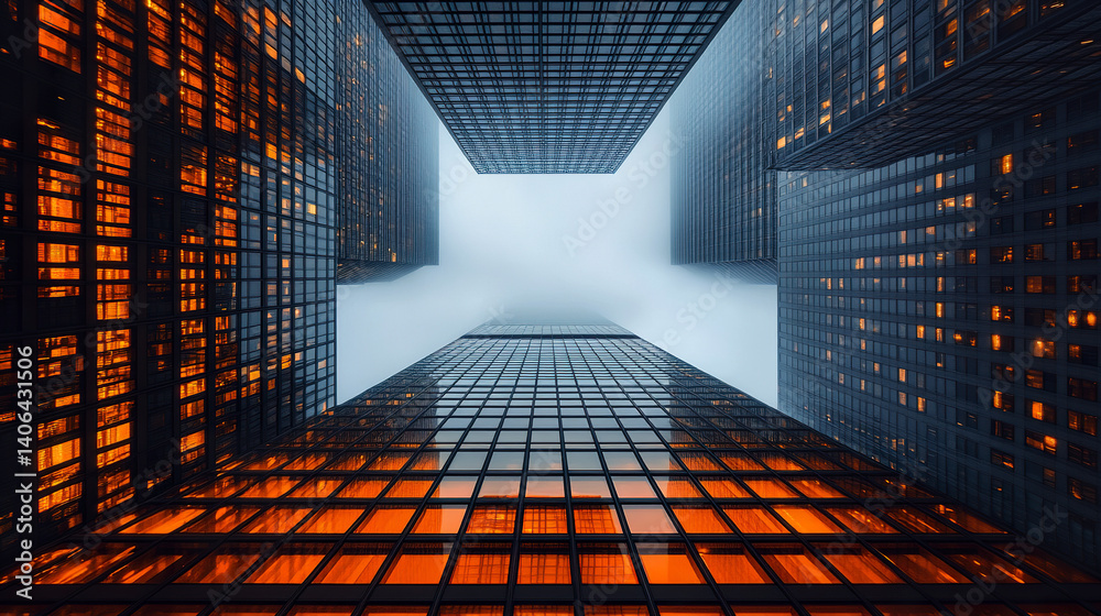 Looking up at modern skyscrapers with reflective glass facades Looking up at modern skyscrapers with reflective glass facades