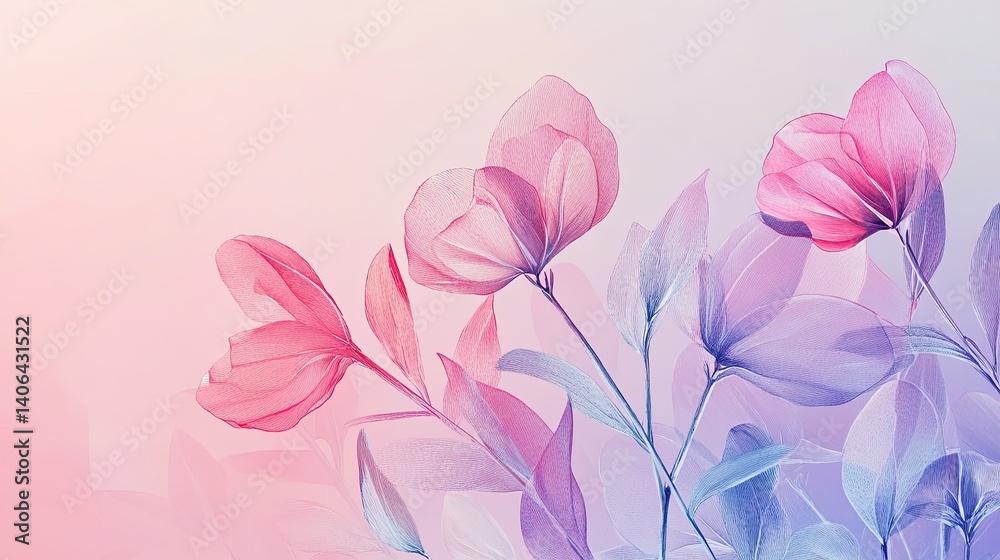 Fototapeta premium Delicate Pink Purple Flowers Botanical Illustration Pastel Background
