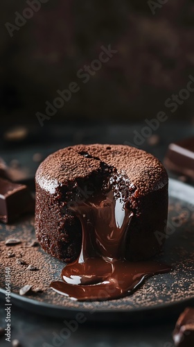 Decadent Chocolate Lava Cake on Dark Plate photo