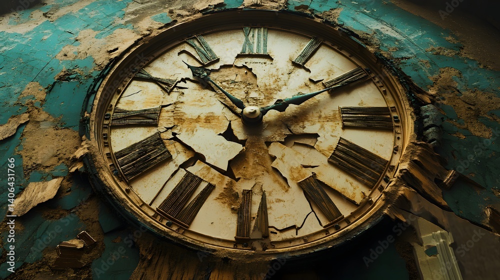 Obraz premium Decayed clock face in a crumbling building