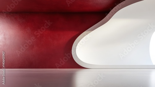 Interior design mockup scene featuring a graceful curved white wall and a deep red ceiling with subtle reflections