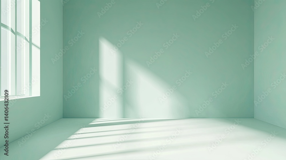 Fototapeta premium Empty Minimalist Room with Soft Green Walls and Sunlight
