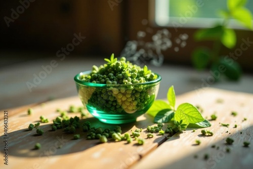 A vibrant green bowl overflowing with tiny, verdant spheres, scattered across a sun-drenched wooden surface, alongside fresh green leaves.