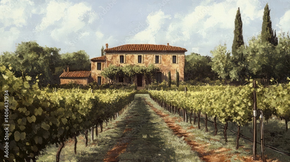 Idyllic Tuscan Vineyard Vista with Rustic Villa and Serene Natural Ambiance Idyllic Tuscan Vineyard Vista with Rustic Villa and Serene Natural Ambiance