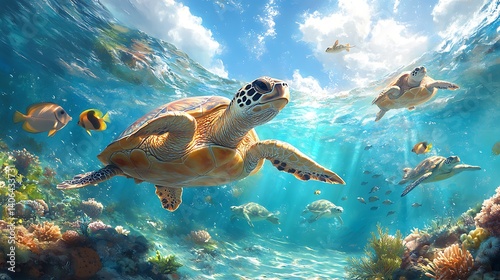 Sea Turtles And Tropical Fish Swim In A Vibrant Underwater World Photo photo