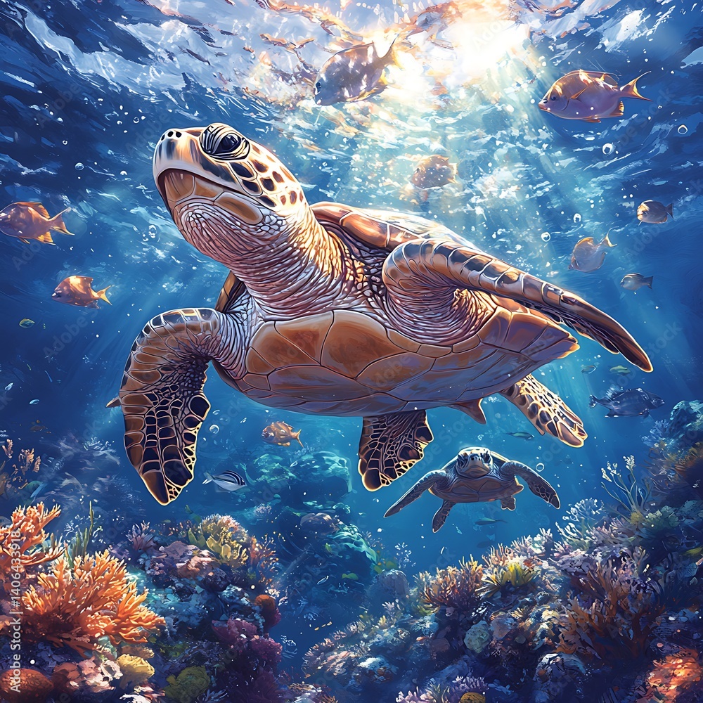 Obraz premium Sea Turtle Underwater Photo With Coral Reef And Fish In Turquoise Water