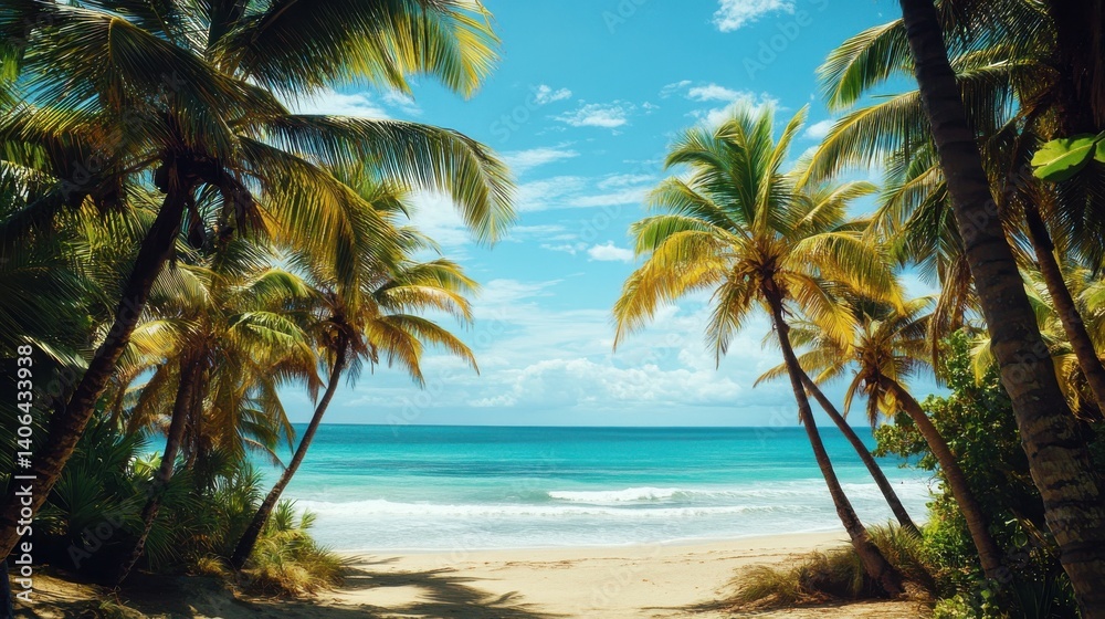 Fototapeta premium Tropical beach with palm trees. Ocean view and turquoise water under blue sky