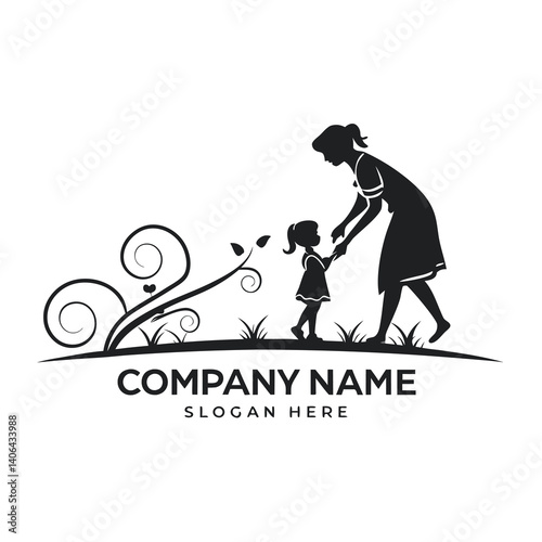 Mother and child silhouette logo with floral design