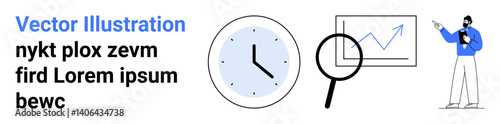 Clock, magnifying glass over analytics chart, and professional presenting growth data. Ideal for time management, data analysis, productivity, finance, business strategy, reporting simple landing