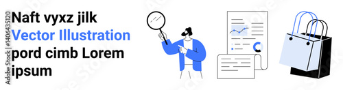 Business professional examining analytics documents with magnifying glass, next to shopping bags. Ideal for analysis, e-commerce, marketing, strategy, shopping, data insights, flat landing page