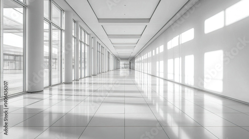 Bright empty corridor with white walls and glass panels