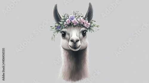 Charming llama portrait adorned with floral crown.