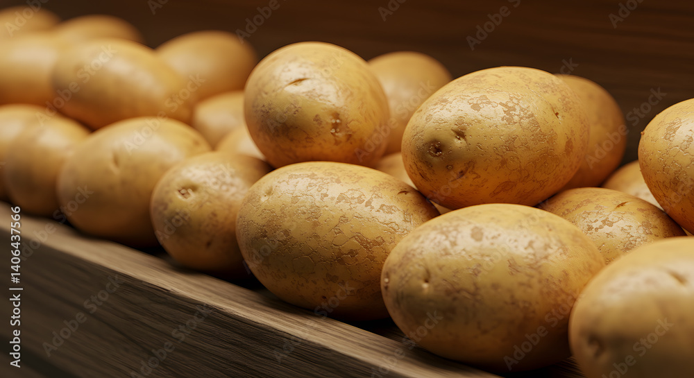 Close-Up of Fresh Potatoes on Wooden Supermarket Shelf Under Warm Lighting Close-Up of Fresh Potatoes on Wooden Supermarket Shelf Under Warm Lighting