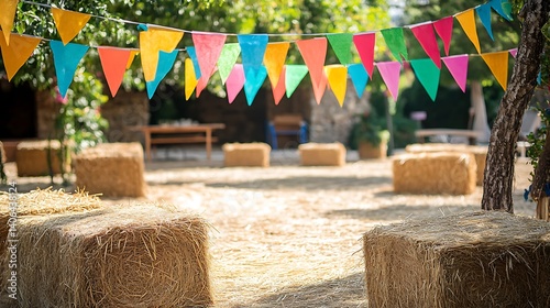 Outdoor scene featuring hay bale seating and colorful bunting, creating a festive and rustic atmosphere for an event or gathering.