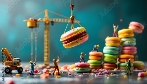 Miniature Workers Constructing a Macaron Tower, Whimsical Construction Scene