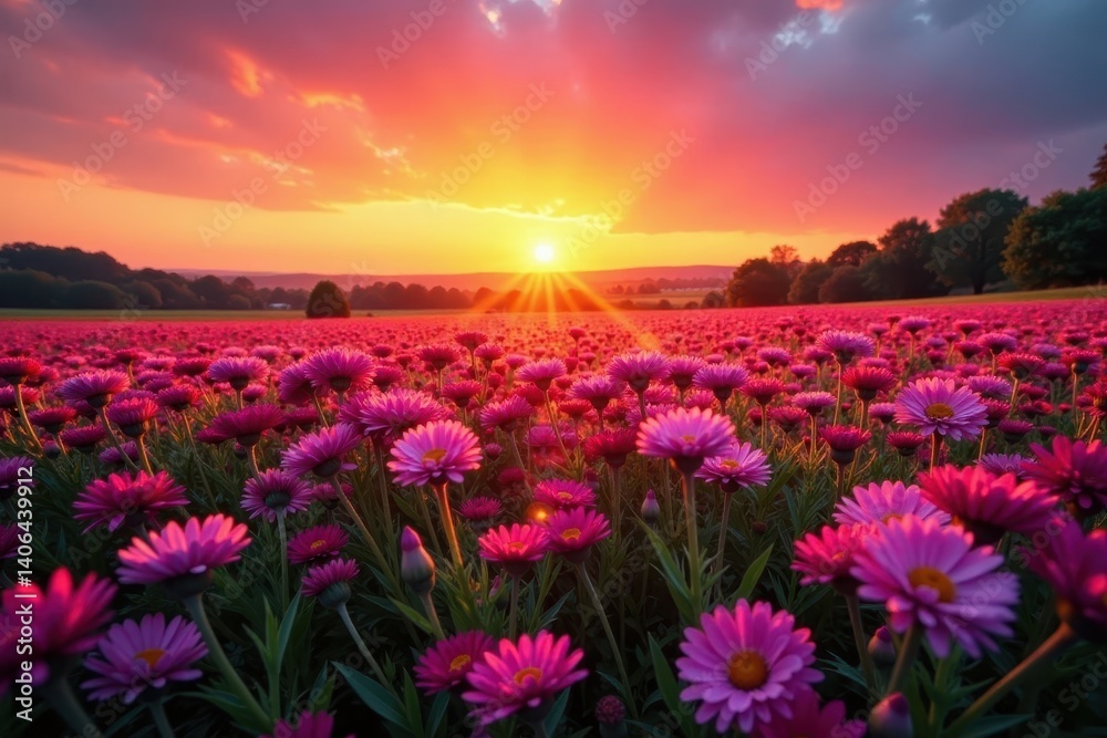 Obraz premium Crimson sun rises over a field of late-blooming asters , background, beauty, sky