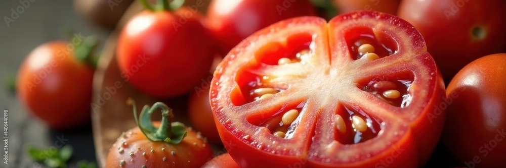 Crimson tomato slice, visible seeds, juicy texture, color, vibrant, nature Crimson tomato slice, visible seeds, juicy texture, color, vibrant, nature