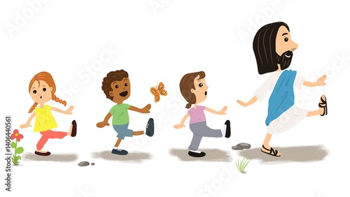 Boys and girl walking, following Jesus