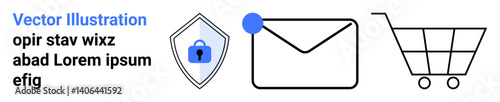 Shield with lock for security, email with notification dot, shopping cart. Ideal for cybersecurity, email, shopping, notifications, e-commerce, digital communication flat landing page banner