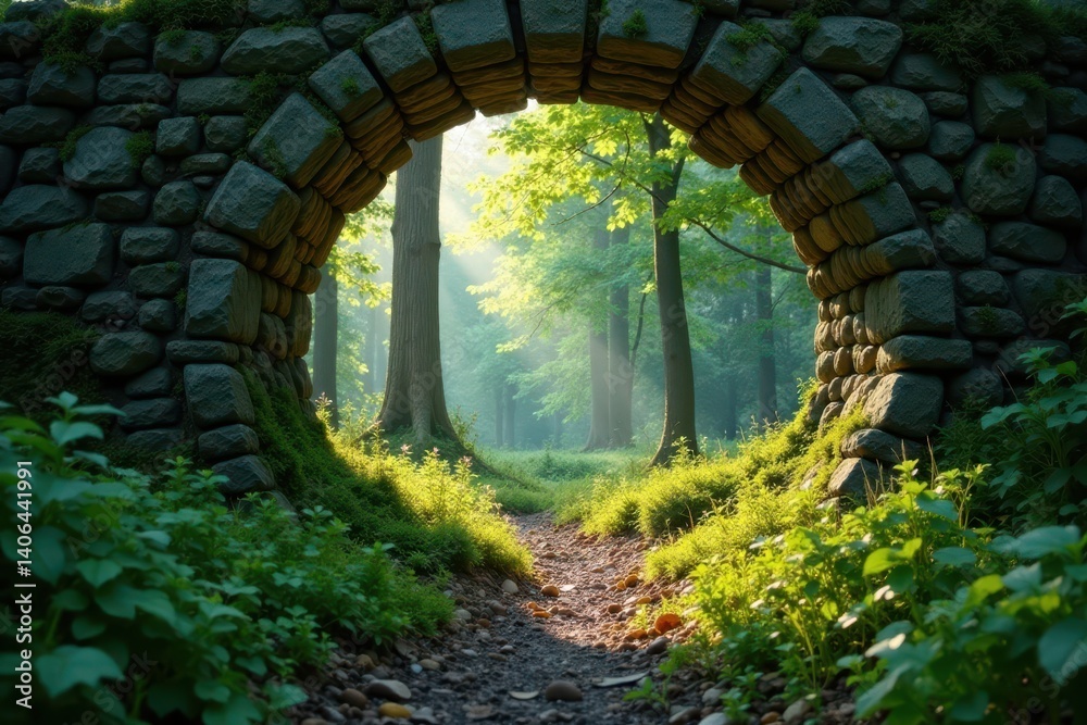 Obraz premium Crumbling stone arch, emerald moss blanket Sun-dappled woods, quiet solitude , dark, forest