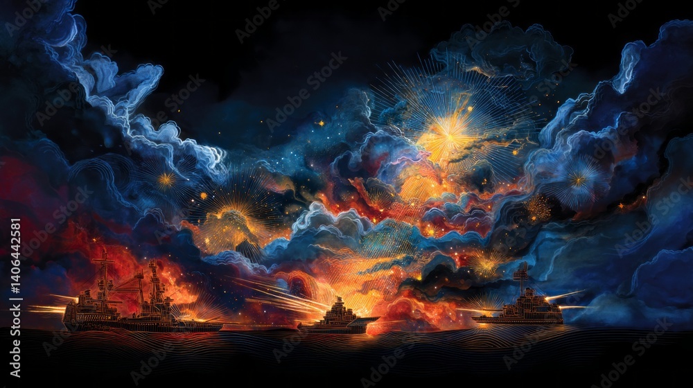 Fototapeta premium Generic Cosmic Flare Scene Warships Glow Battling