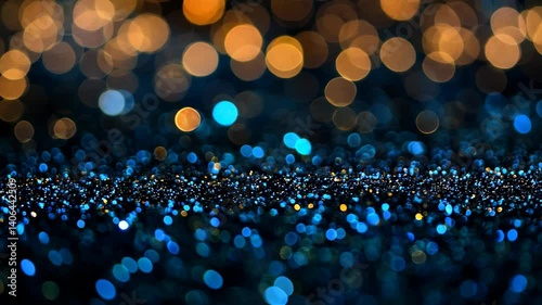 This captivating blue and gold bokeh background features sparkling lights and a shimmering texture, perfect for festive themes and creative projects.