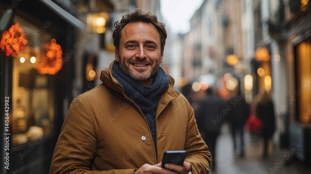Smiling man using smartphone in vibrant city street Smiling man using smartphone in vibrant city street