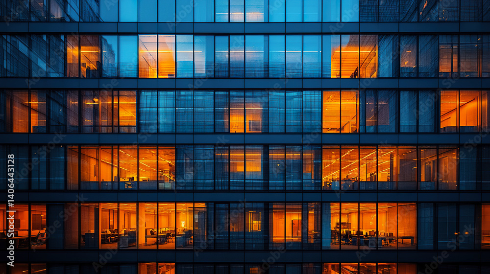 Illuminated modern office building facade with vibrant orange and blue lights