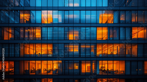Obraz na płótnie Illuminated modern office building facade with vibrant orange and blue lights w salonie